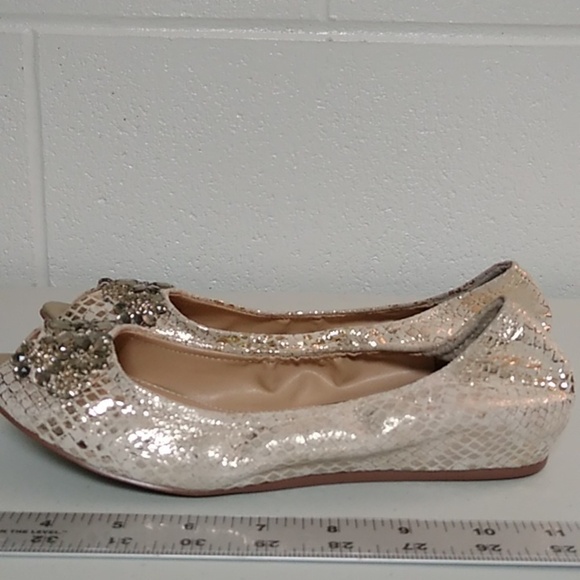 ARTURO CHANG GOLD & CREAM LEATHER SNAKE BALLET FLATS WITH RHINSTONES - Picture 11 of 14